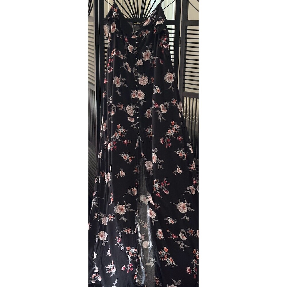 Gypsies & Moondust Maxi Dress Womens XL Black Floral Button Front Boho